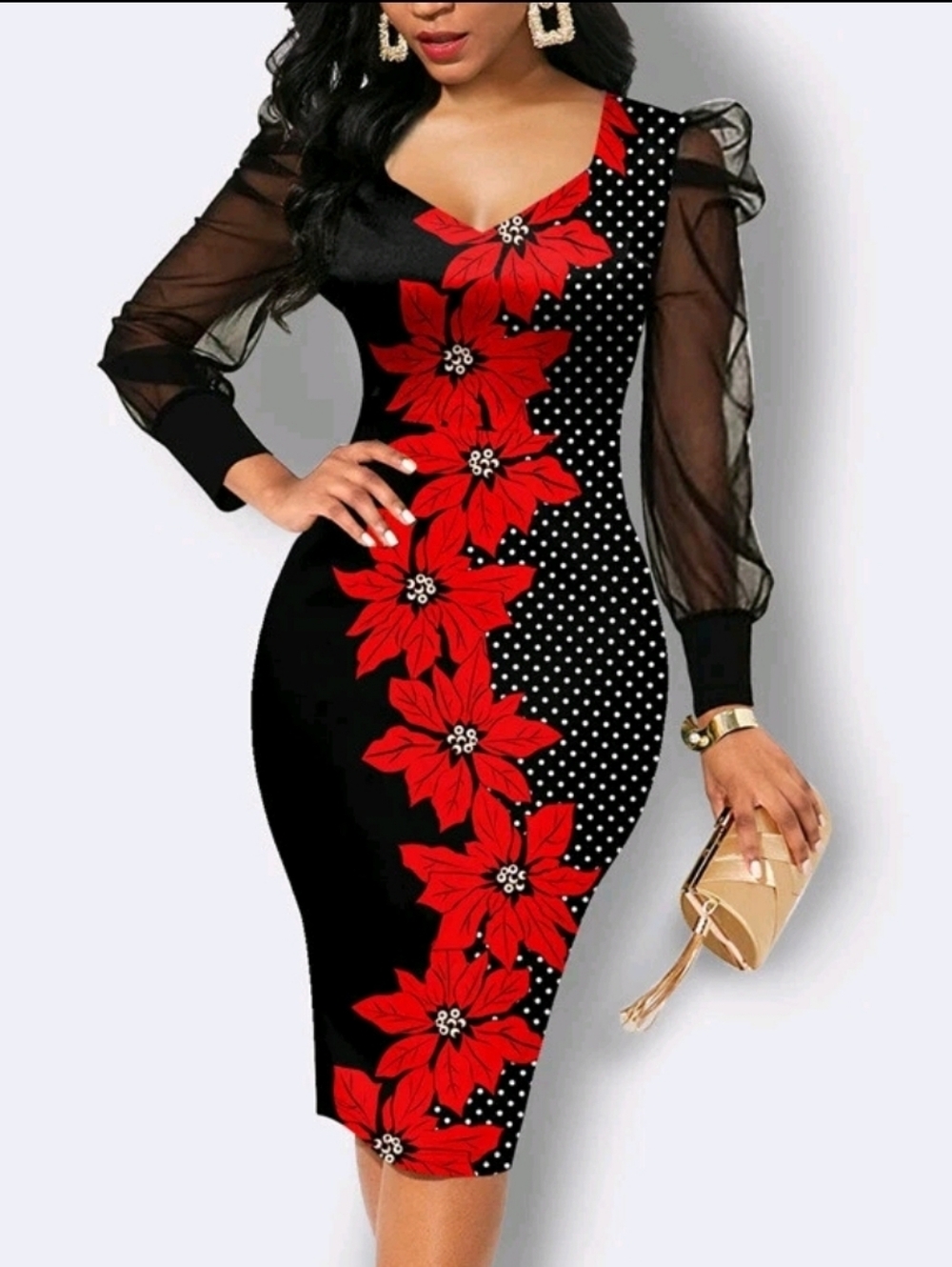 Elegant Floral Print See-Through Mesh Long Sleeve Midi Dress NWOT Size: 2XL